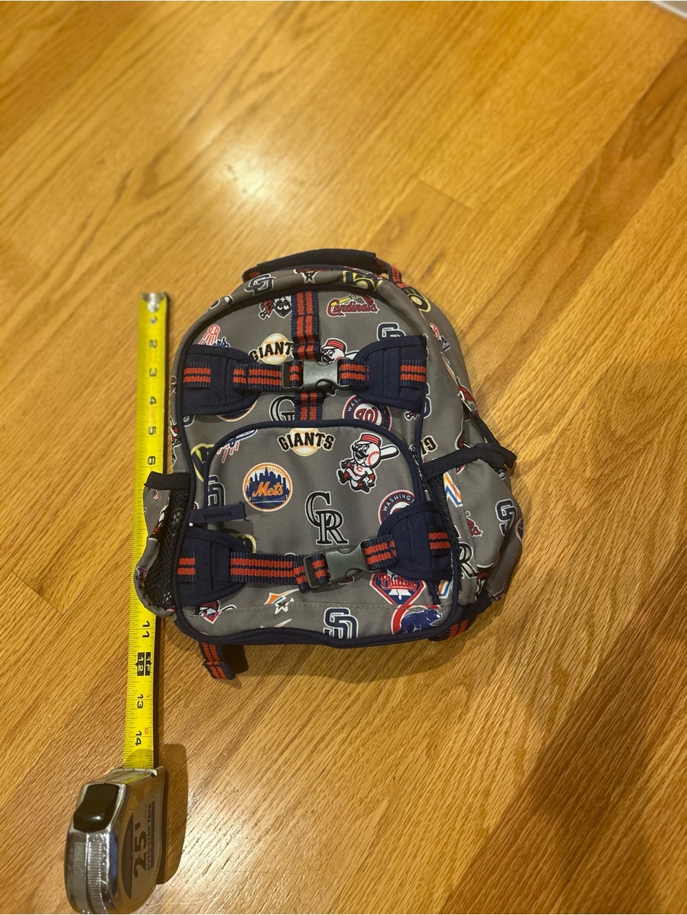 Pottery Barn Kids MLB Baseball Teams Pattern Grey Backpack with Navy Trim - Picture 2 of 3